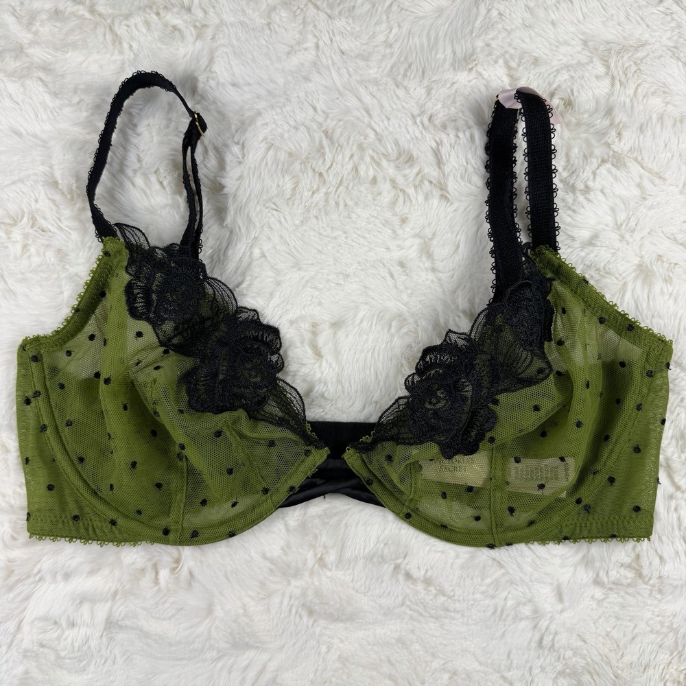 Victoria's Secret Tease Unlined Demi Bra Green Black Polka Dot Mesh Lace 34D NWT